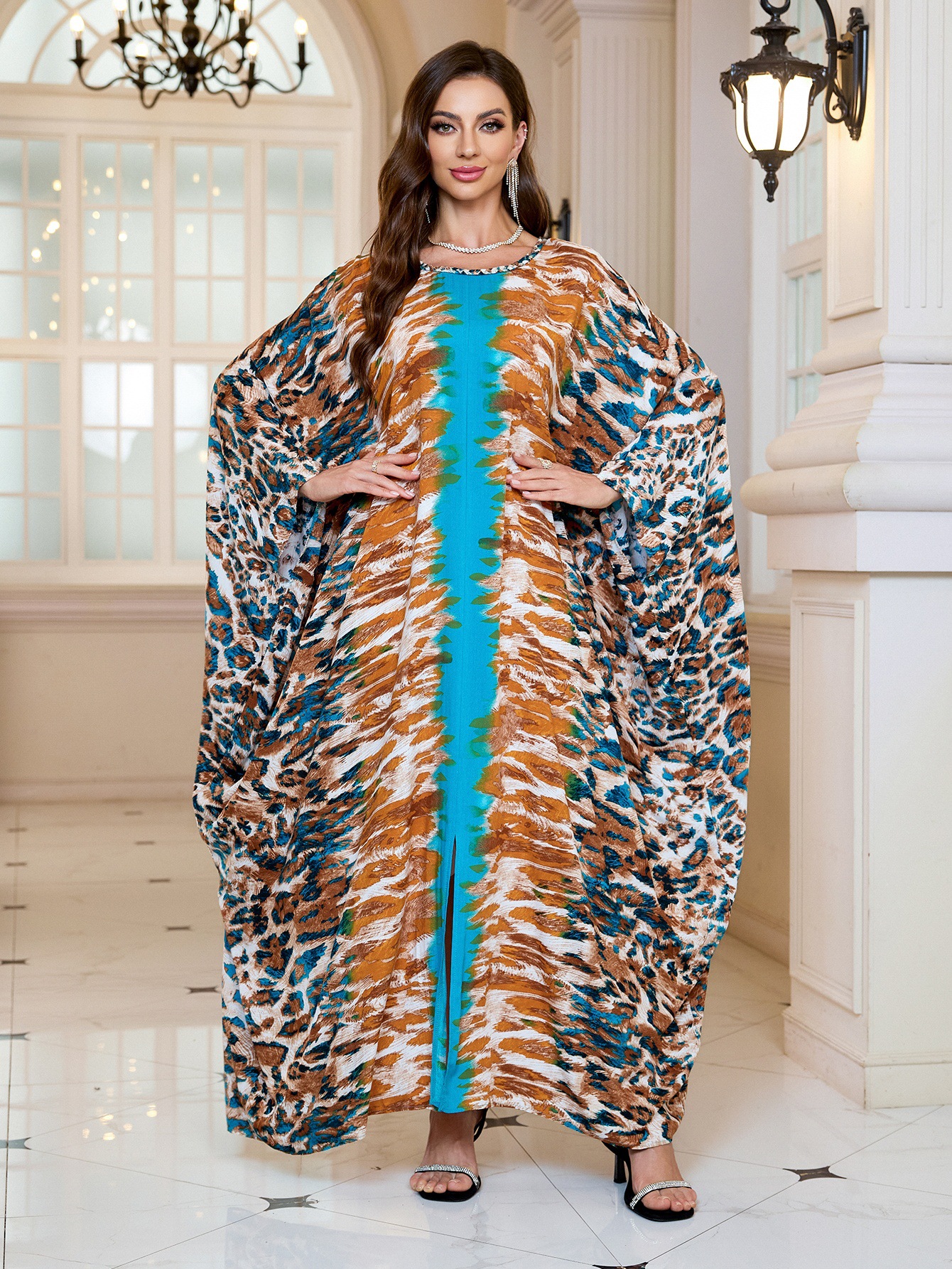 Geometric Pattern Kaftan Maxi Dress with Long Batwing Sleeves for Beach Cover Up